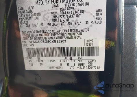 2012 Ford Escape Limited из США, поврежденный, VIN 1FMCU9EG5CKB28203